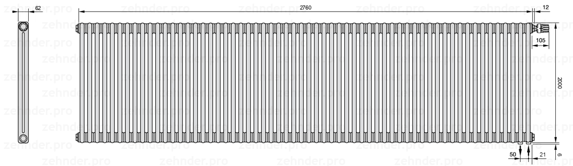 Схема (чертеж) Радиатор Zehnder Charleston 2200/60 №V002 Белый глянцевый RAL 9016